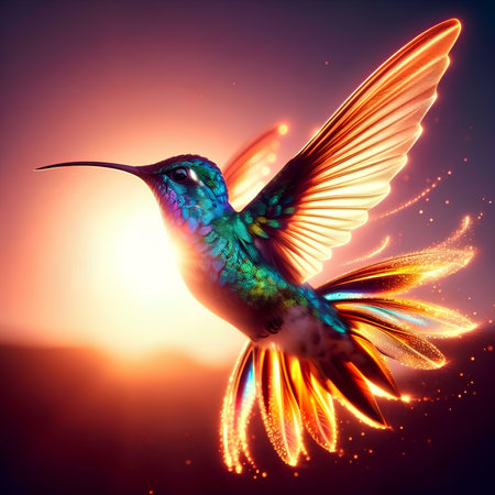 Hummingbird in flight with glowing wings. 3D illustration.の素材