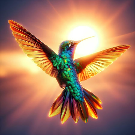 Hummingbird in flight at sunset with sun. Collage.の素材