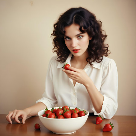 Beautiful young woman with strawberries at the table. Healthy food.の素材