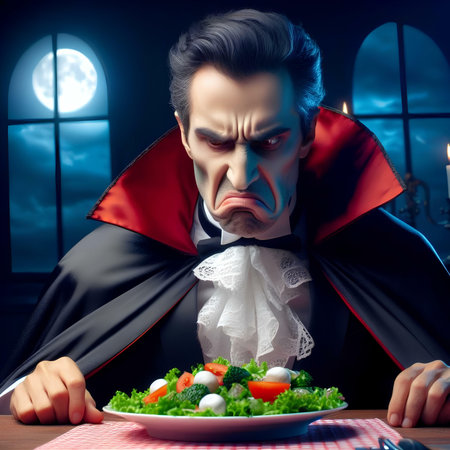 Man in vampire costume eating salad at night. Halloween concept. 3D rendering.の素材