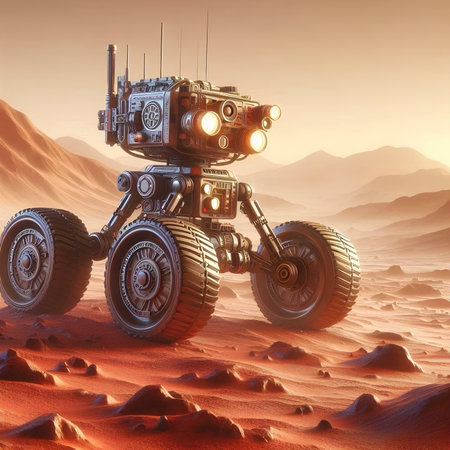 3D rendering of a retro robot in the desert. Technology background.の素材