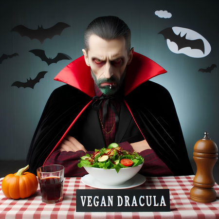 Man dressed as dracula with salad in halloween conceptの素材