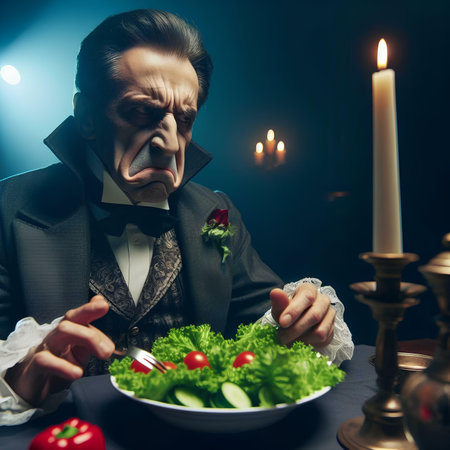 Portrait of a man in a suit and bow tie eating salad.の素材