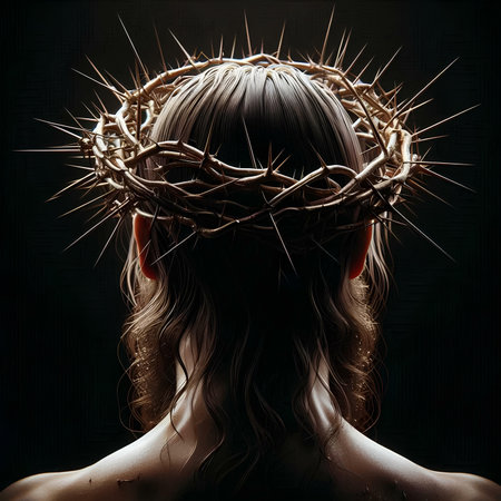 Young woman with crown of thorns on her head over dark backgroundの素材