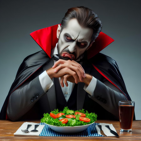 Man in vampire halloween costume eating salad. Halloween concept.の素材