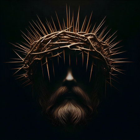 Jesus Christ with crown of thorns on his head, dark backgroundの素材