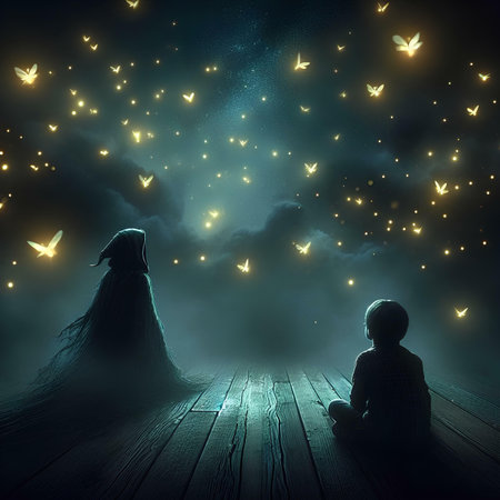 Mystical scene with boy and angel in the dark. 3D renderingの素材