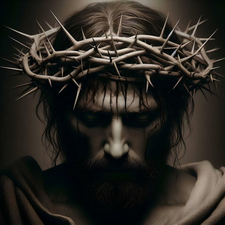Jesus Christ with crown of thorns on his head over dark backgroundの素材