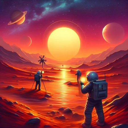 Astronaut on the background of the planet. Vector illustration.の素材