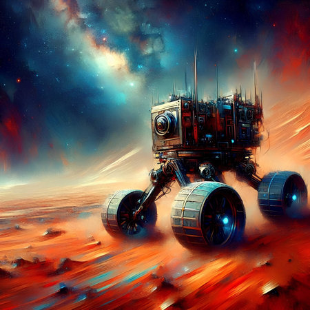 Space ship on a background of stars and galaxies. Digital painting.の素材