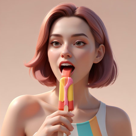 3D Illustration of a woman eating ice cream with pink hairの素材