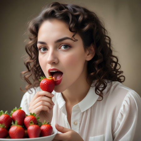 Portrait of a beautiful young woman eating strawberries. Healthy food concept.の素材
