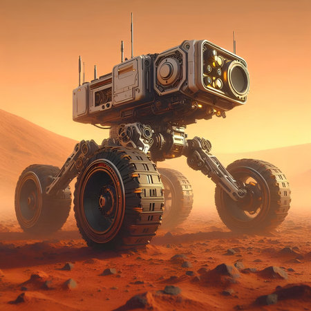 3D rendering of a space ship in the desert with an orange backgroundの素材