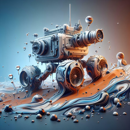 3d rendering of a space ship in blue and orange color.の素材