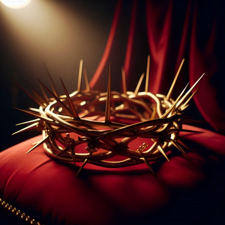 Crown of thorns on red velvet background. 3d renderingの素材
