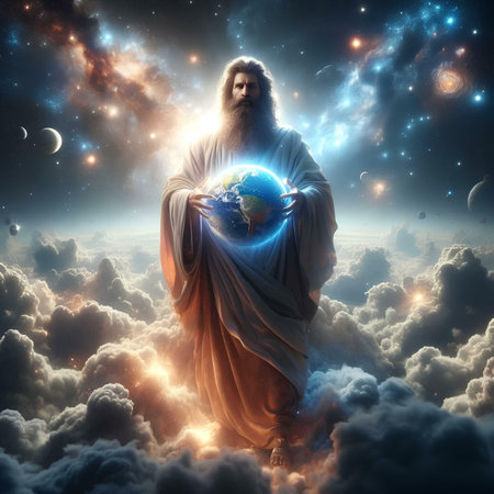 Jesus Christ in the sky with clouds and planet. 3D renderingの素材
