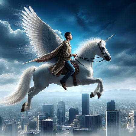 Angel riding a white horse with cityscape and skyscrapers in the backgroundの素材