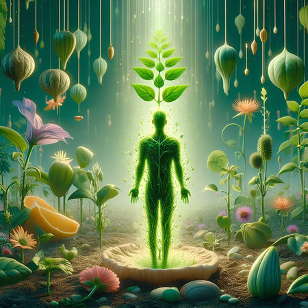 Ecology concept with green human body surrounded by plants and flowers.の素材