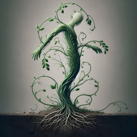 Abstract green tree with roots in the form of a human body.の素材