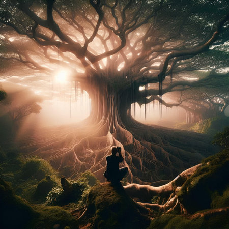 Fantasy dark forest with old tree and human figure. 3d renderの素材