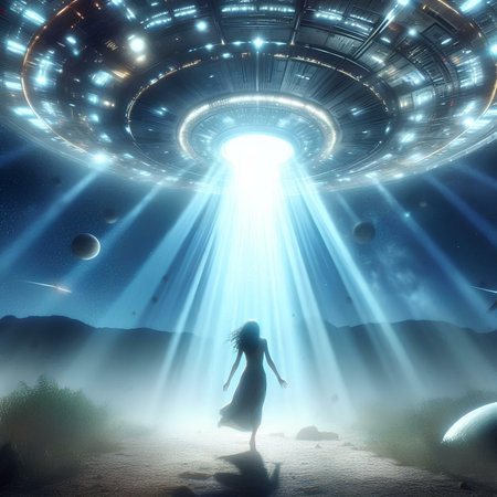 The girl in a white dress stands on the background of an alien planet.の素材