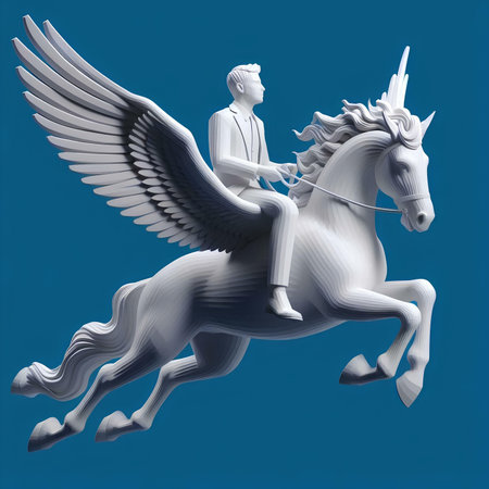 The winged statue of a man on a white horse on a blue backgroundの素材