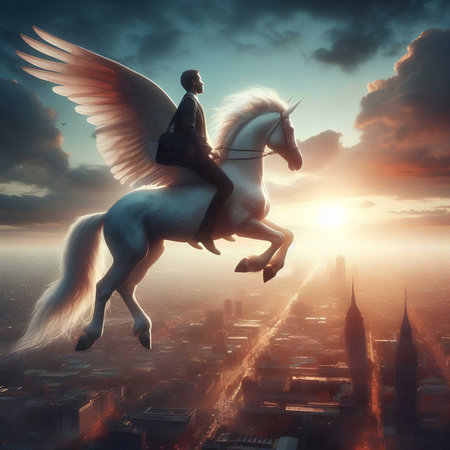 Unicorn flying over the city at sunset. 3D renderingの素材