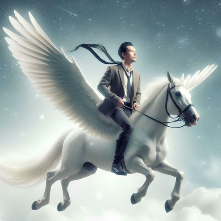 Young businessman riding white horse with angel wings and starry sky in backgroundの素材
