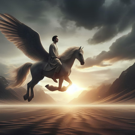 Man on white horse with wings flying in the sky. 3d renderingの素材