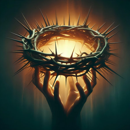 Crown of thorns in the hands of Jesus Christ. Crown of thorns in the hands of Jesus Christ.の素材