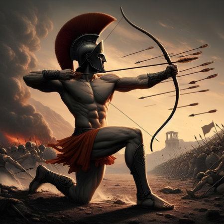 Man with bow and arrow in the sky. 3D illustration.の素材