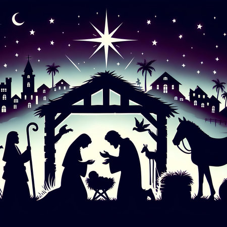 Christmas Nativity Scene with Joseph and baby Jesus. Vector illustration.の素材
