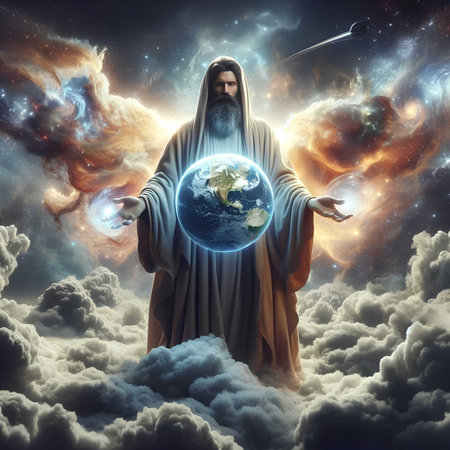 Jesus Christ with Earth planet in the clouds. Elements of this image furnished by NASAの素材