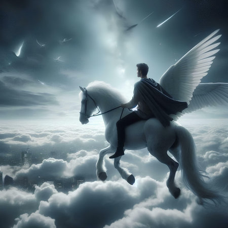 Businessman riding a white horse with angel wings and stormy skyの素材