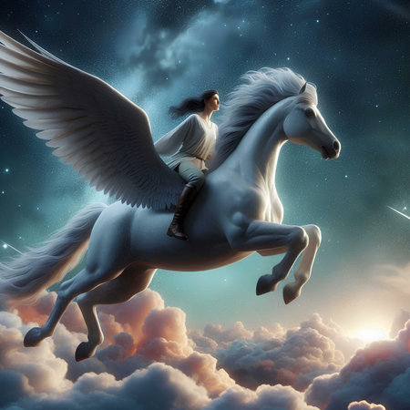 Beautiful girl on a white horse in the sky with clouds.の素材