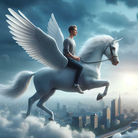 Man riding a white horse with angel wings flying above the city.の素材