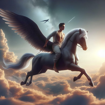 Man with a spear on a horse in the sky. 3d renderingの素材