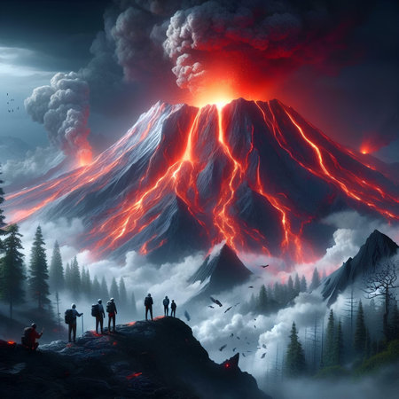 Volcano eruption with group of people in the foreground, 3D illustrationの素材