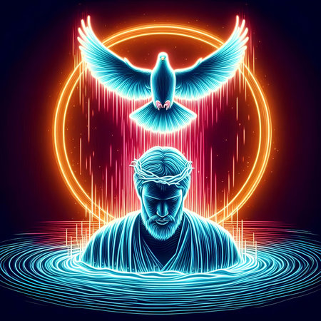 Jesus Christ with pigeons. Vector illustration in neon style. Concept of religion.の素材