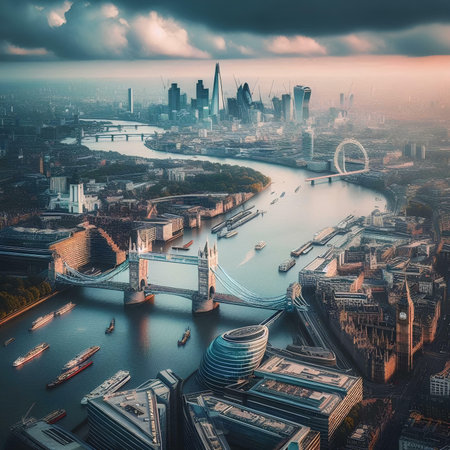 Aerial panoramic view of London skyline at sunset, UK.の素材