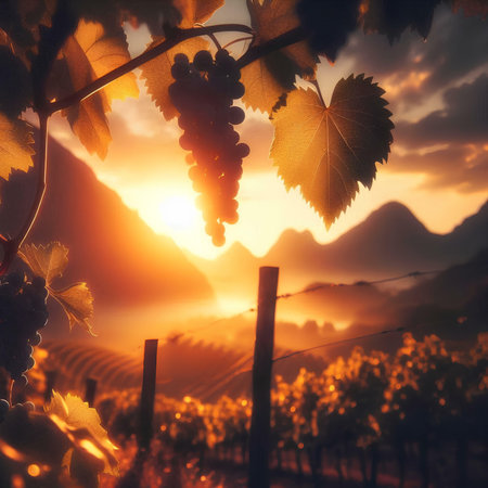 Vineyards in Lavaux region, Switzerland, at sunset.の素材