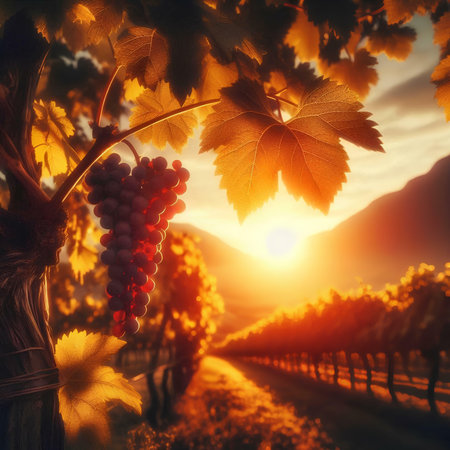Wine grapes in vineyard at sunset, Tuscany, Italyの素材