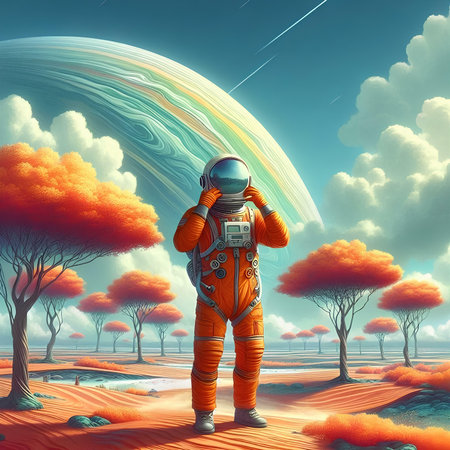 Astronaut in fantasy landscape with planet. 3D illustration.の素材