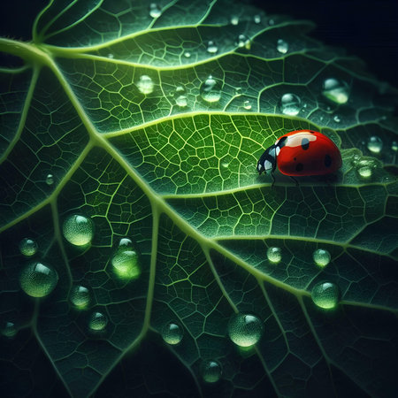 Ladybug on green leaf with dew drops. Nature background.の素材