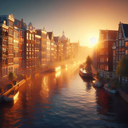 Amsterdam canal at sunset. Holland, Netherlands. Travel background.の素材