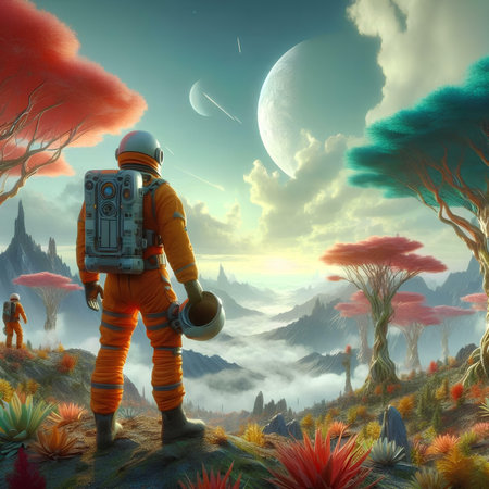 Astronaut on the background of an alien planet. 3d renderの素材