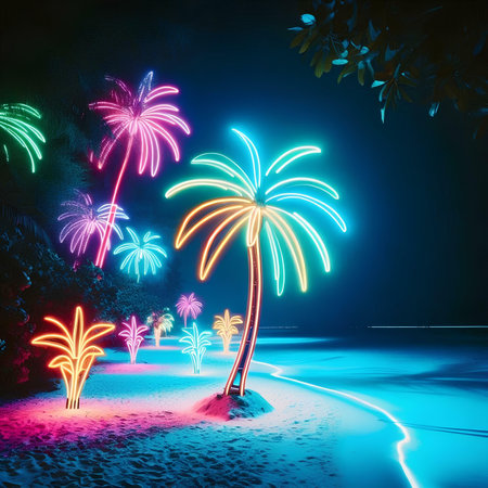 Palm tree and fireworks on the beach. 3D rendering.の素材