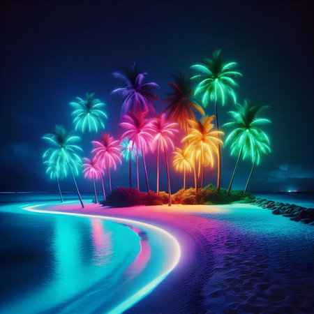 Palm trees on a tropical island at night with colorful lights and reflectionの素材