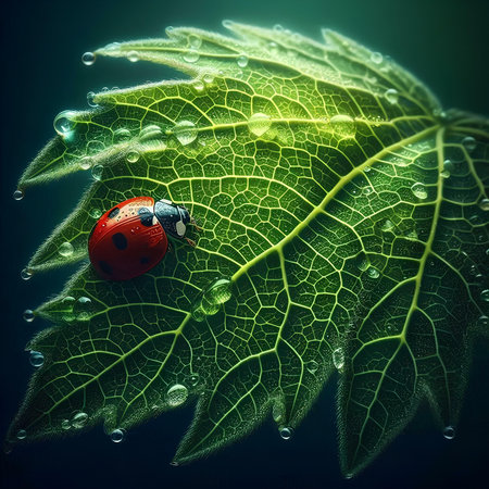 ladybug on a green leaf with water droplets on itの素材
