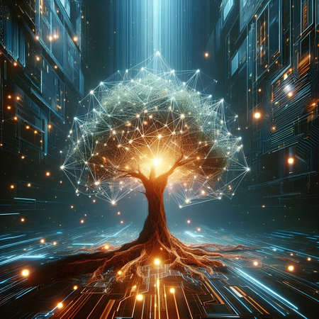 Futuristic tree with glowing lines and dots, 3d renderingの素材
